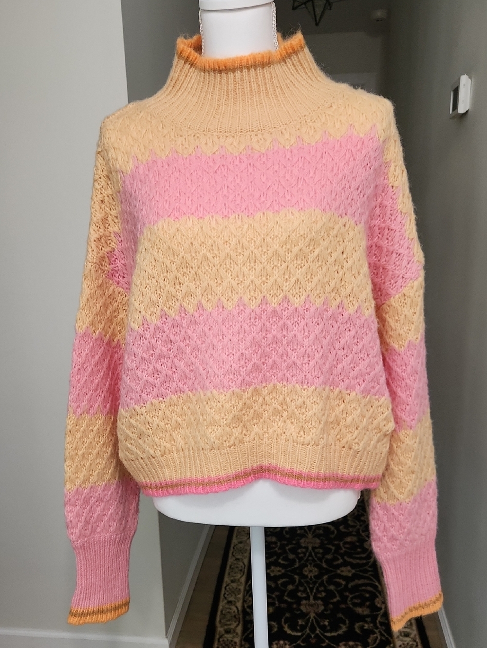 Lalavon Cozy Aesthetic Sweetheart Stitch Striped Cropped Sweater Pink Yellow M - Picture 4 of 16